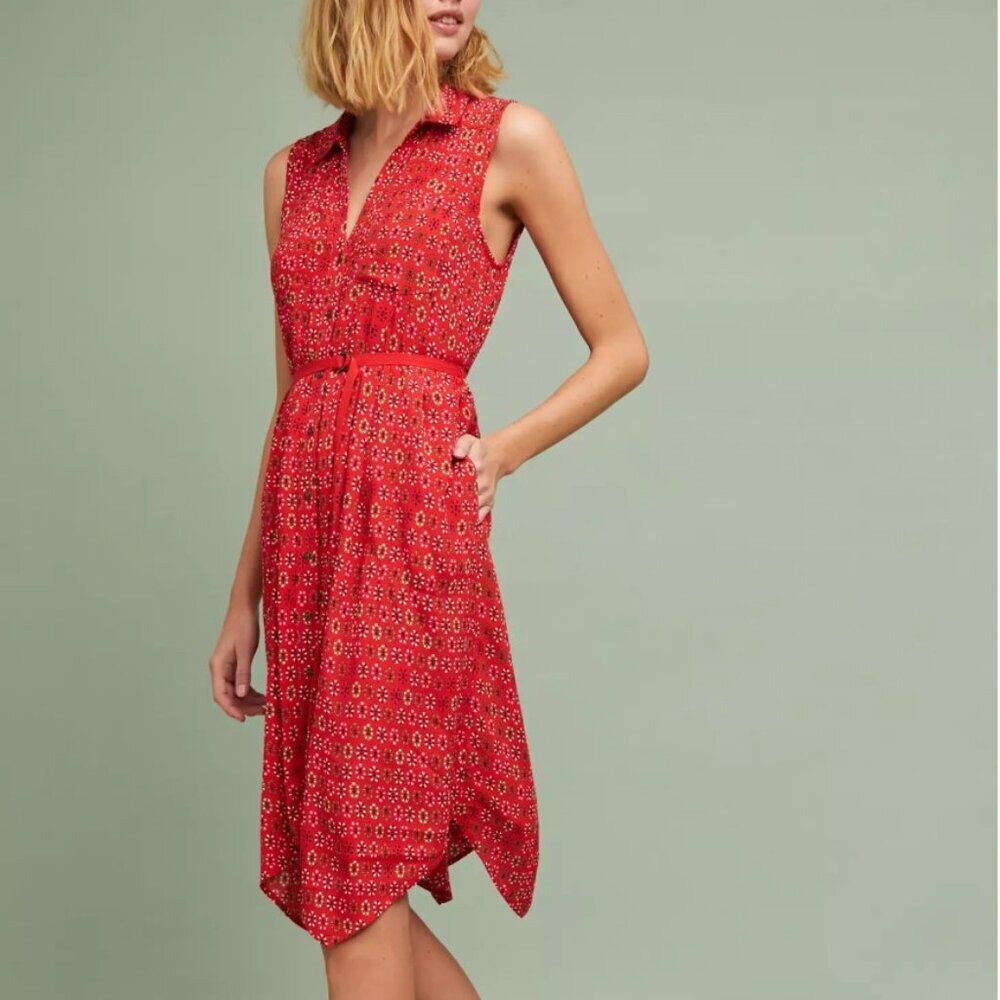 Anthropologie Maeve Red Daisy Midi Sleeveless Shirtdress Size 4